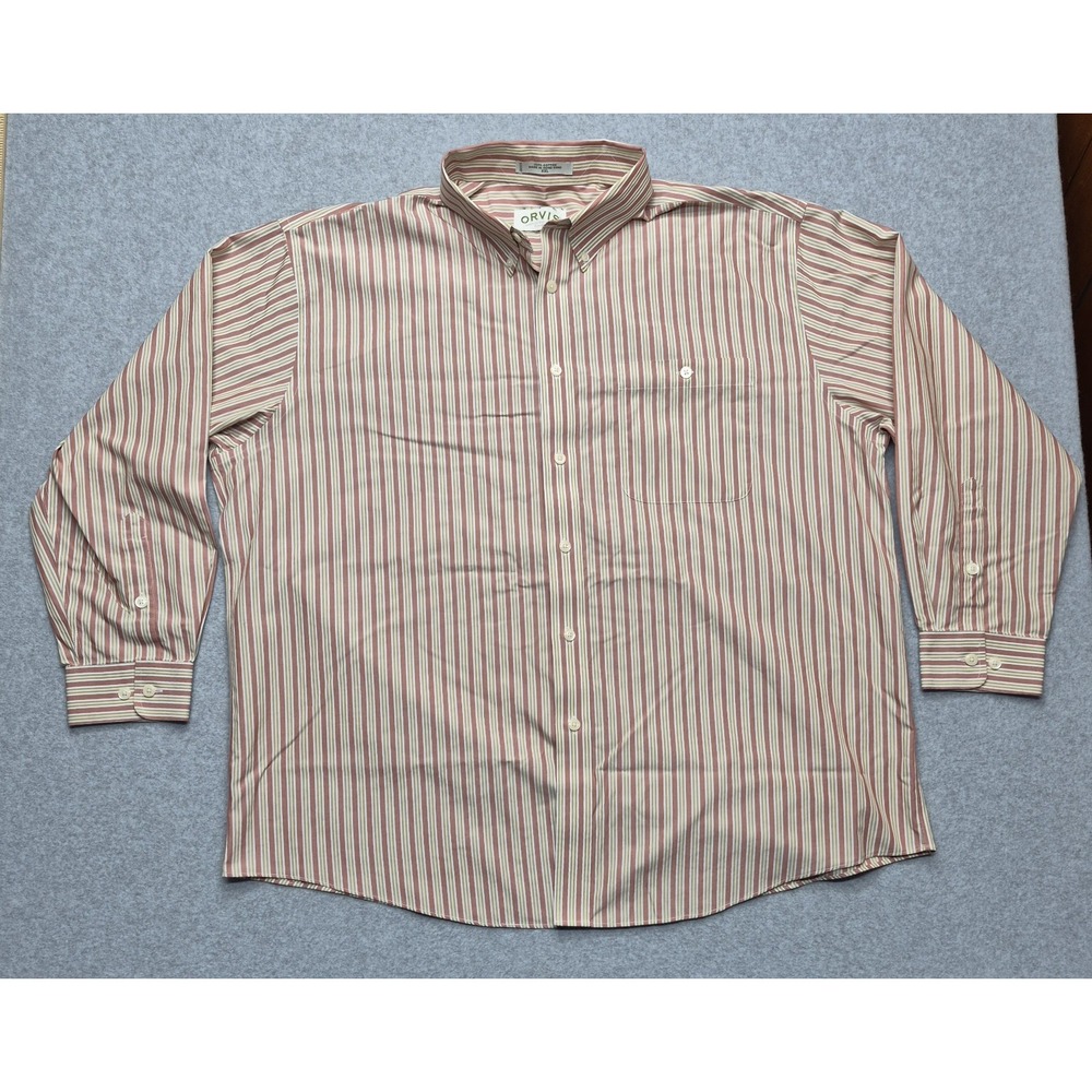 Vintage Orvis Shirt Mens 2XL Tan Striped Button Down Sporting Traditions Casual